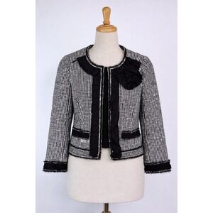 Ann Taylor Tweed Jacket Black White Rosette Trim Cropped Blazer Size 4